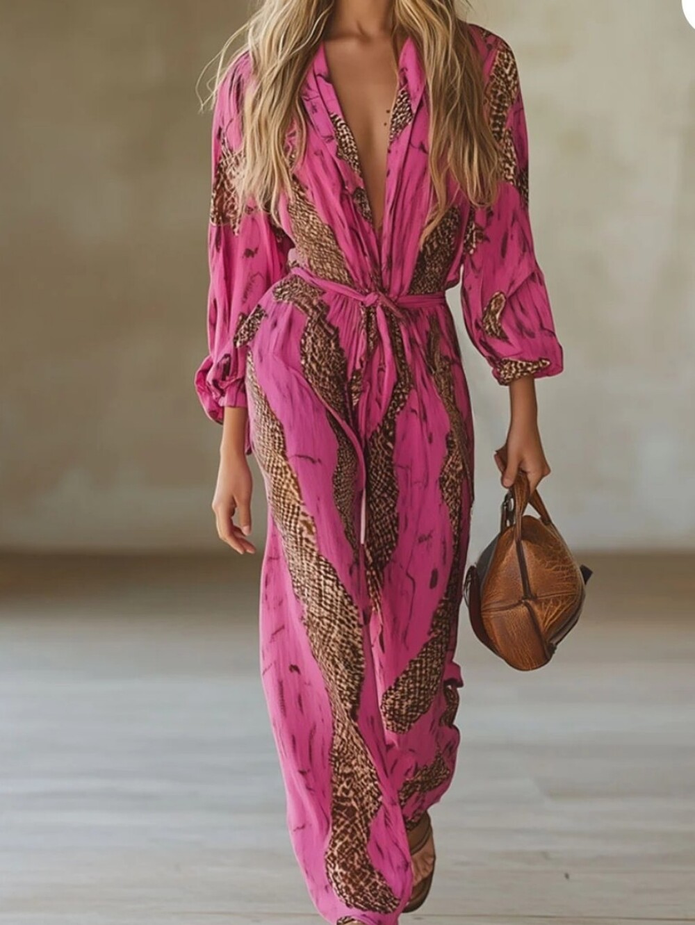 Oyrosy Pink Printed Jumpsuit with Tie Waist